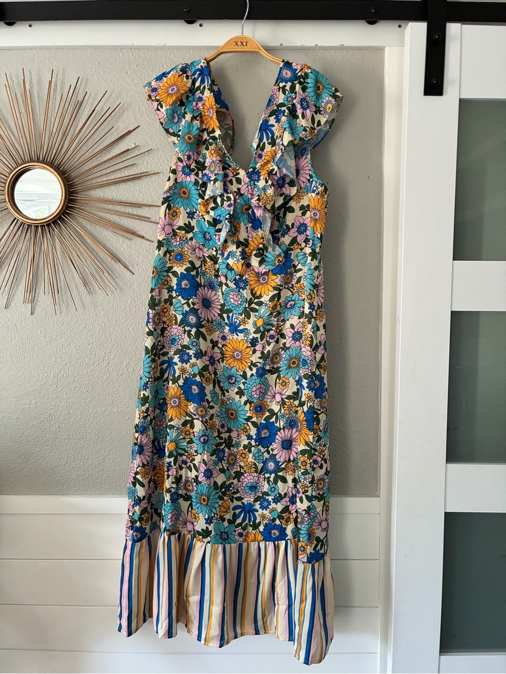 Topshop Floral Ruffle Maxi Dress in Blue, Yellow, Pink